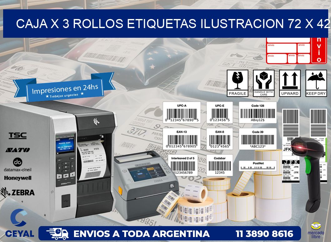 Caja X 3 Rollos Etiquetas Ilustracion 72 x 42