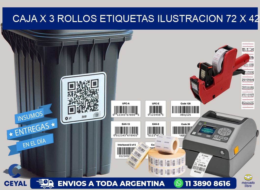 Caja X 3 Rollos Etiquetas Ilustracion 72 x 42