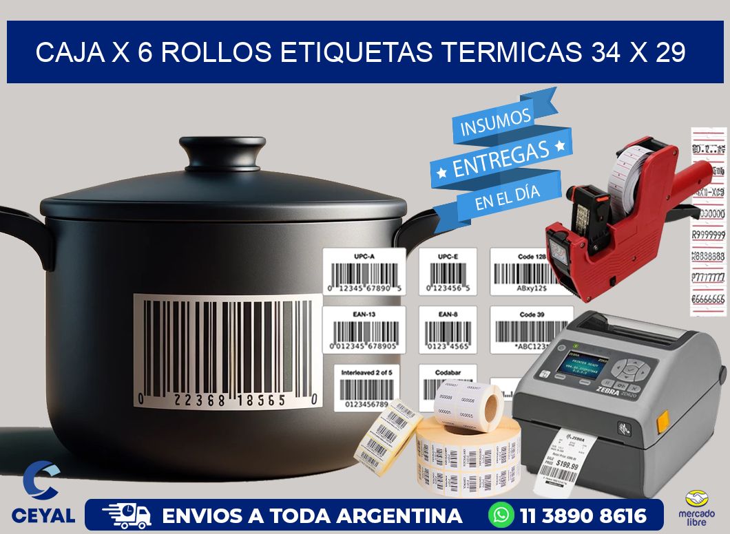 Caja X 6 Rollos Etiquetas termicas 34 x 29