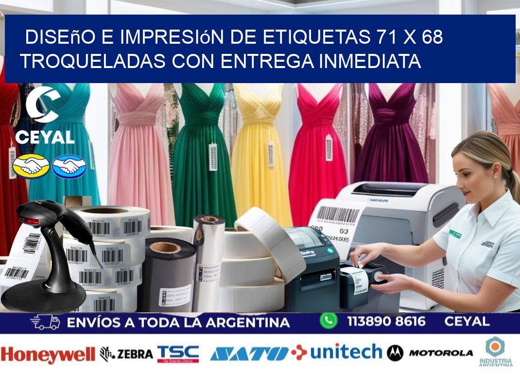 Diseño e impresión de etiquetas 71 x 68 troqueladas con entrega inmediata