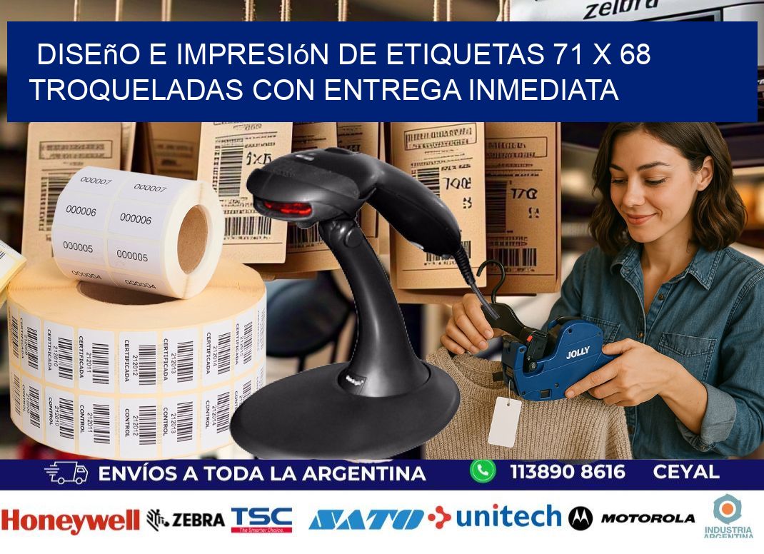 Diseño e impresión de etiquetas 71 x 68 troqueladas con entrega inmediata