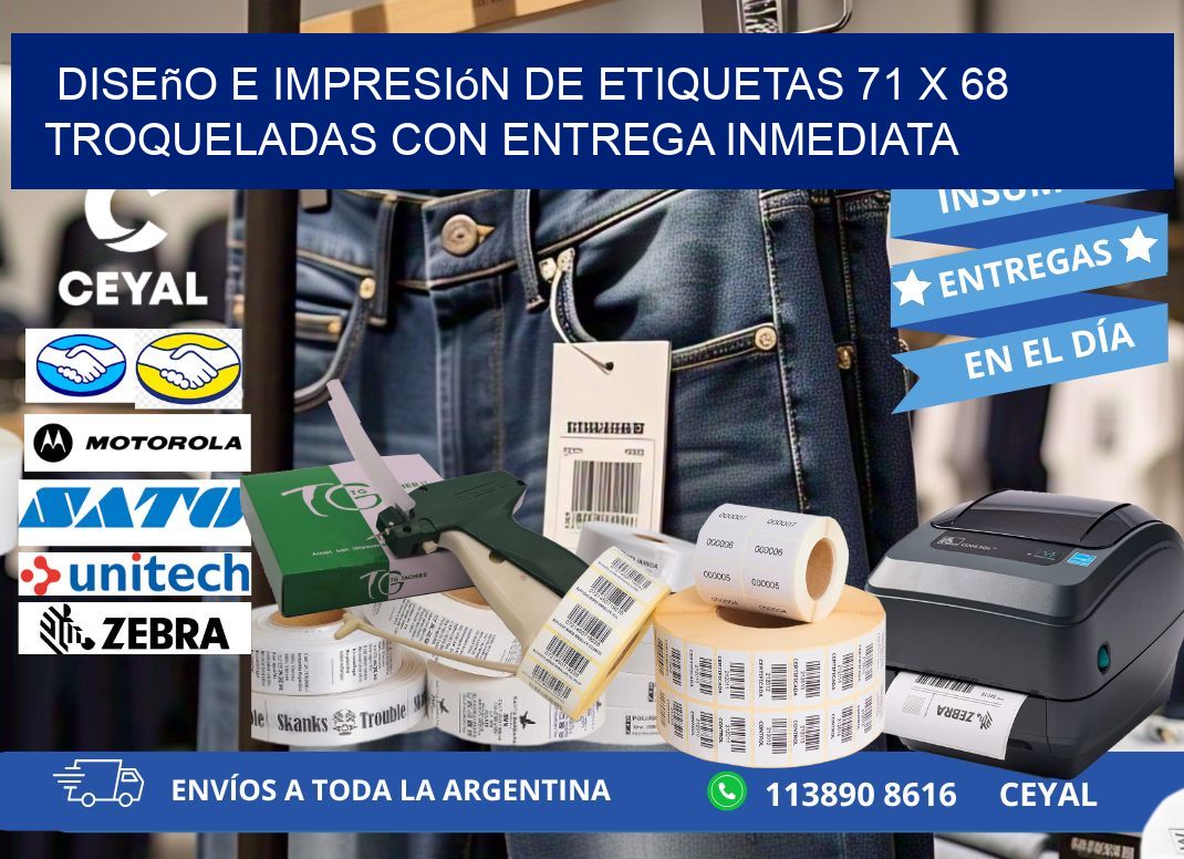 Diseño e impresión de etiquetas 71 x 68 troqueladas con entrega inmediata