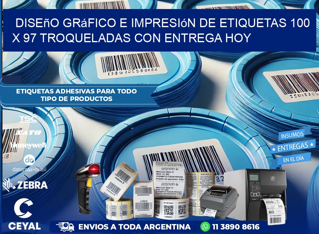 Diseño gráfico e impresión de etiquetas 100 x 97 troqueladas con entrega hoy