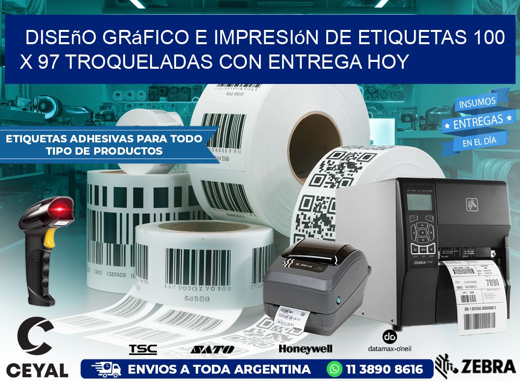 Diseño gráfico e impresión de etiquetas 100 x 97 troqueladas con entrega hoy