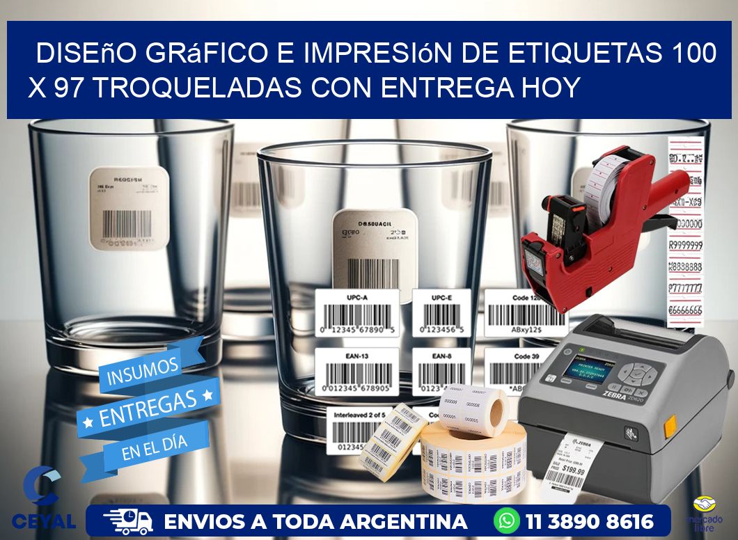 Diseño gráfico e impresión de etiquetas 100 x 97 troqueladas con entrega hoy
