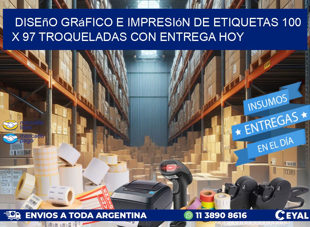 Diseño gráfico e impresión de etiquetas 100 x 97 troqueladas con entrega hoy