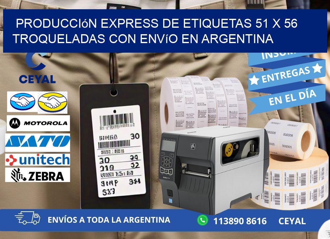 Producción express de etiquetas 51 x 56 troqueladas con envío en Argentina