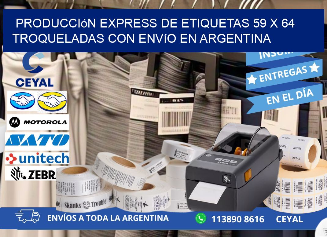 Producción express de etiquetas 59 x 64 troqueladas con envío en Argentina