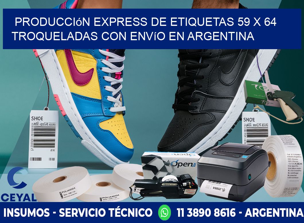 Producción express de etiquetas 59 x 64 troqueladas con envío en Argentina