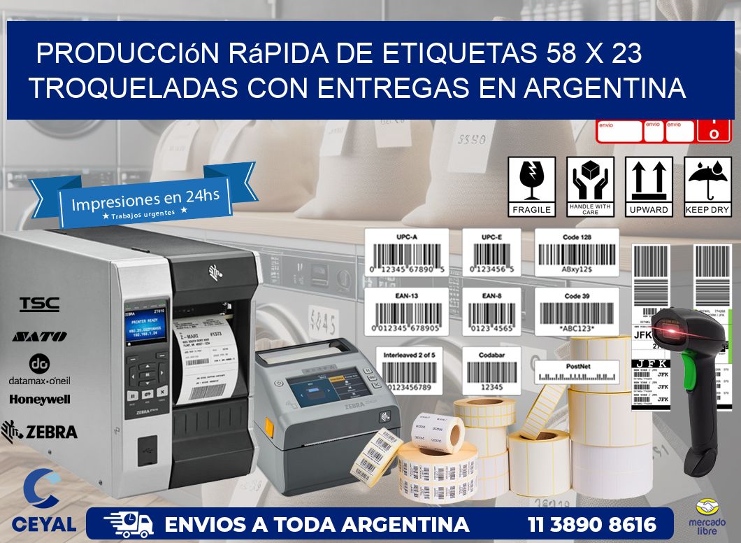 Producción rápida de etiquetas 58 x 23 troqueladas con entregas en Argentina