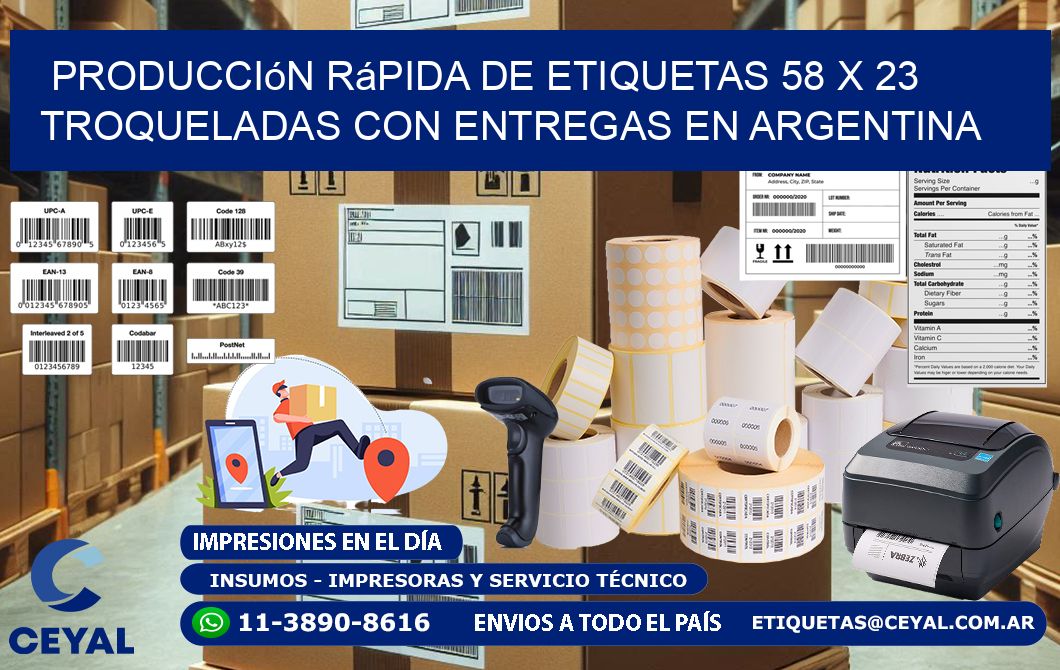 Producción rápida de etiquetas 58 x 23 troqueladas con entregas en Argentina