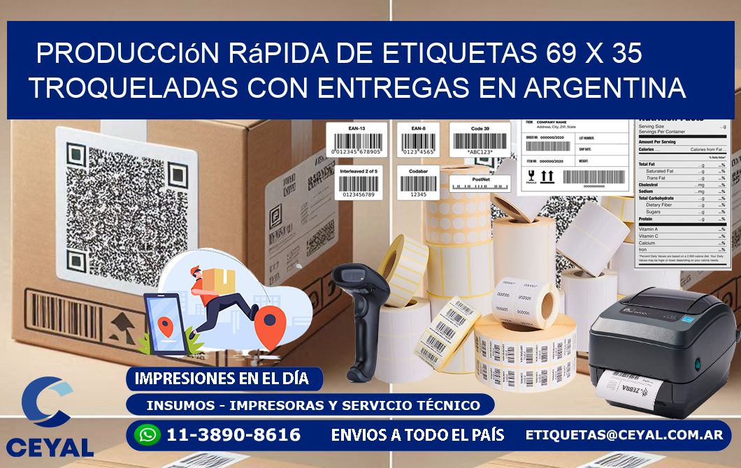 Producción rápida de etiquetas 69 x 35 troqueladas con entregas en Argentina