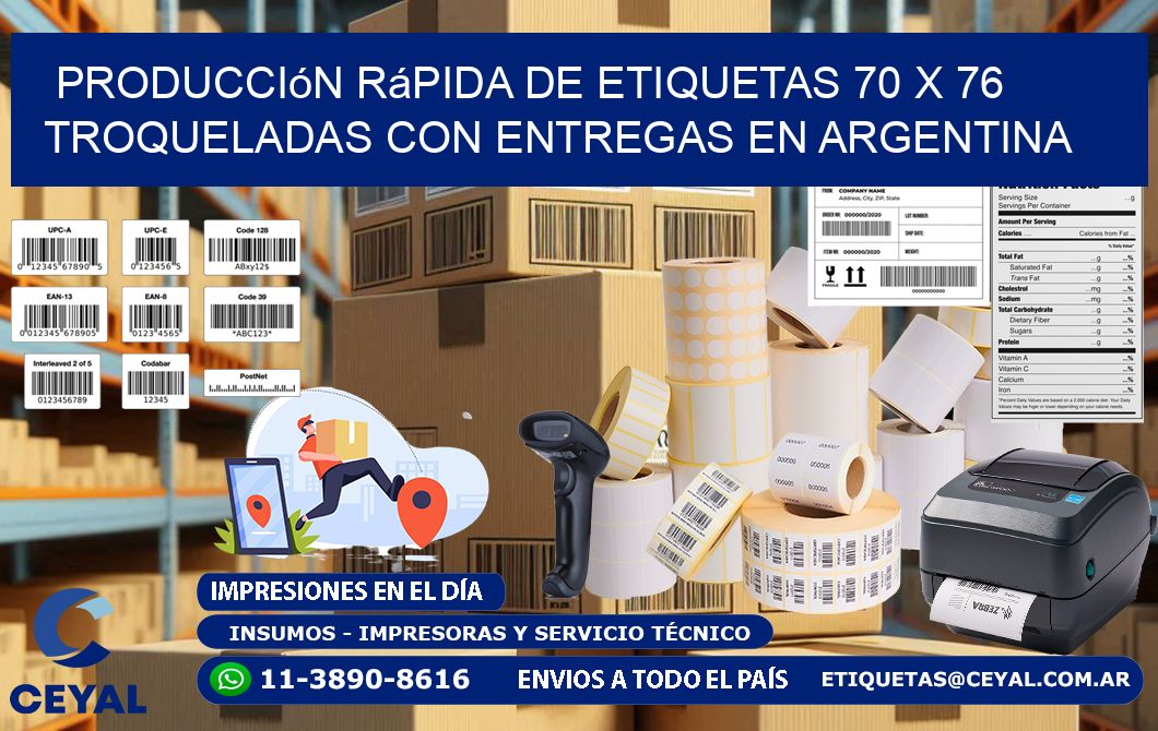 Producción rápida de etiquetas 70 x 76 troqueladas con entregas en Argentina