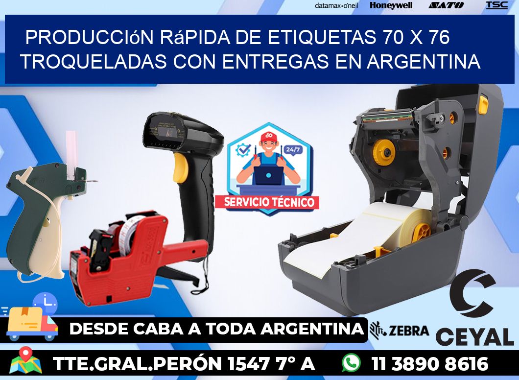 Producción rápida de etiquetas 70 x 76 troqueladas con entregas en Argentina