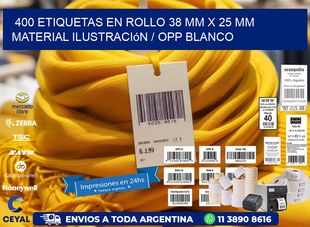 400 Etiquetas en rollo 38 mm x 25 mm material Ilustración / OPP Blanco