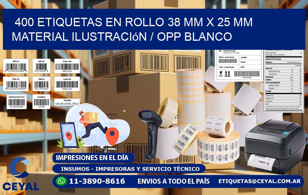 400 Etiquetas en rollo 38 mm x 25 mm material Ilustración / OPP Blanco