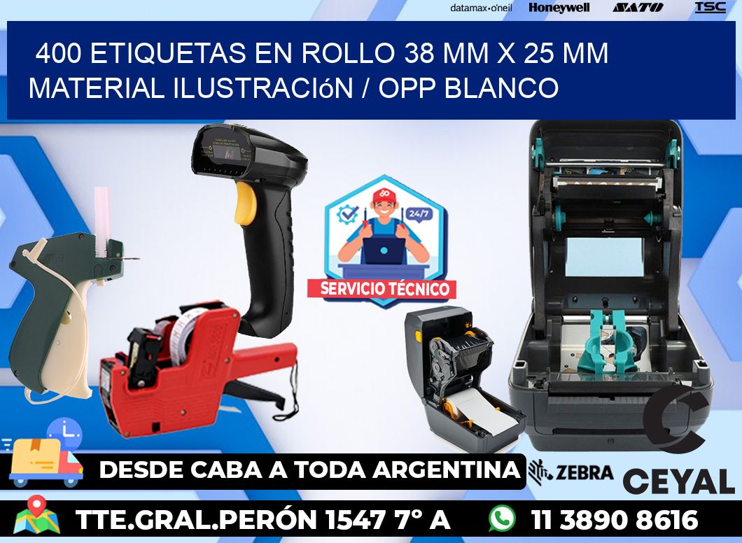 400 Etiquetas en rollo 38 mm x 25 mm material Ilustración / OPP Blanco