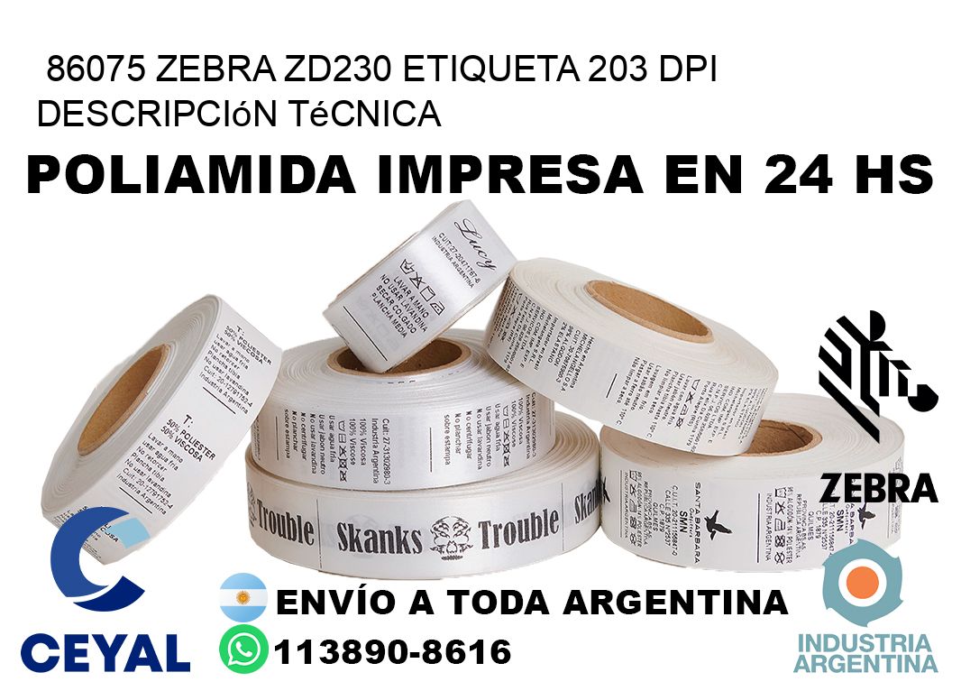 86075 Zebra ZD230 etiqueta 203 dpi descripción técnica