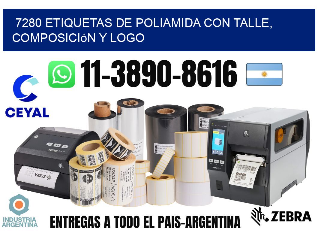 7280 Etiquetas de poliamida con talle, composición y logo