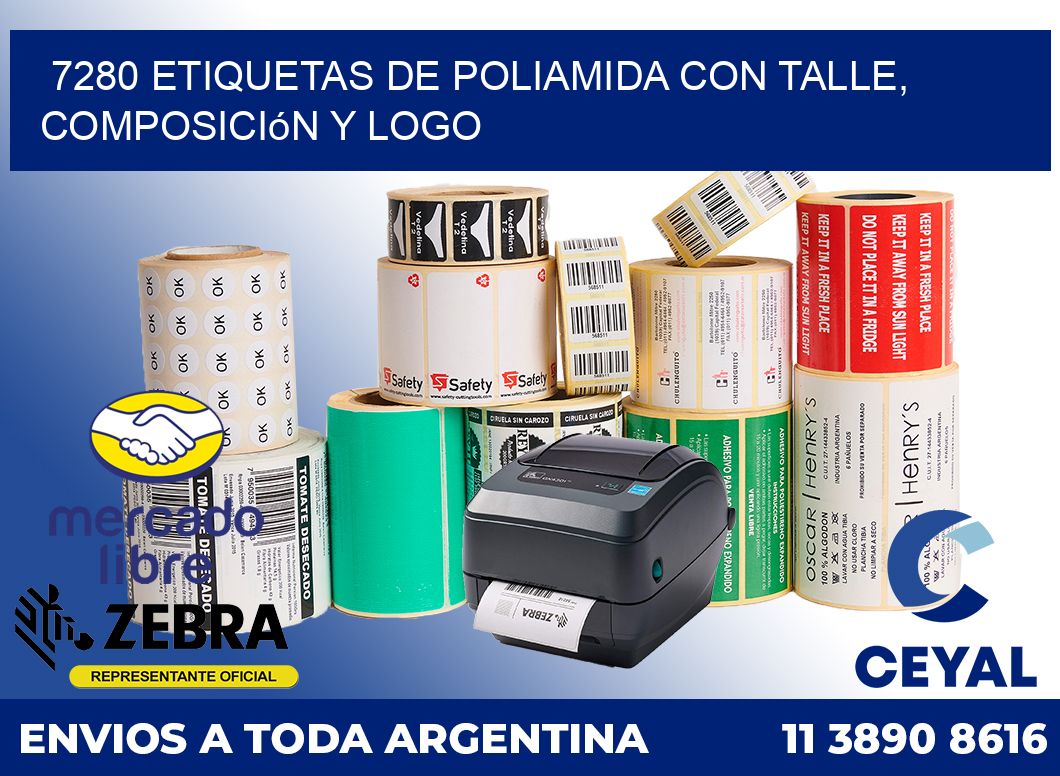 7280 Etiquetas de poliamida con talle, composición y logo