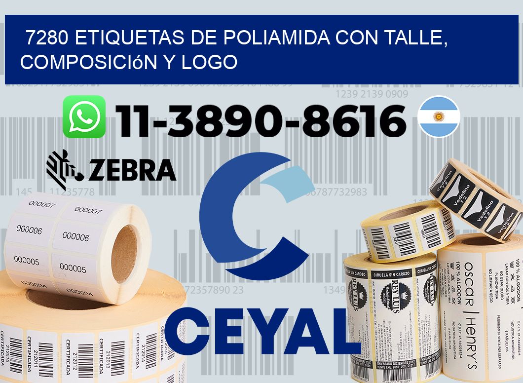 7280 Etiquetas de poliamida con talle, composición y logo