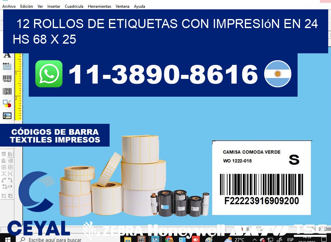 12 rollos de etiquetas con impresión en 24 hs 68 x 25