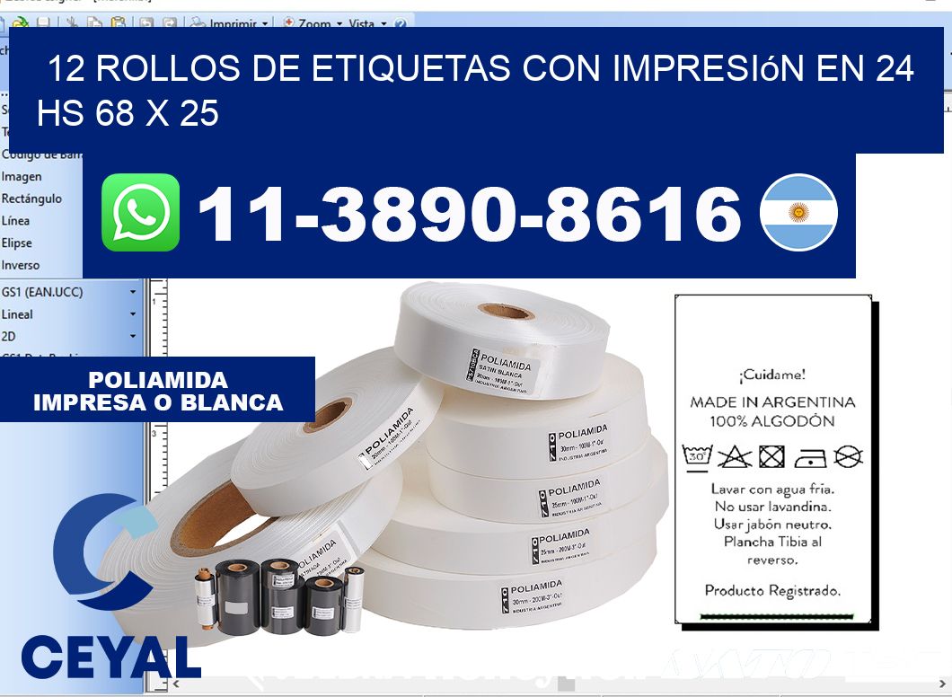 12 rollos de etiquetas con impresión en 24 hs 68 x 25