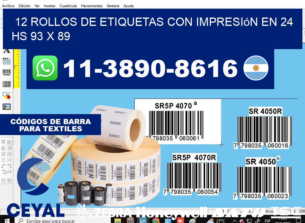 12 rollos de etiquetas con impresión en 24 hs 93 x 89