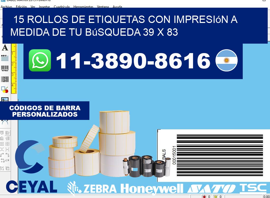 15 rollos de etiquetas con impresión a medida de tu búsqueda 39 x 83