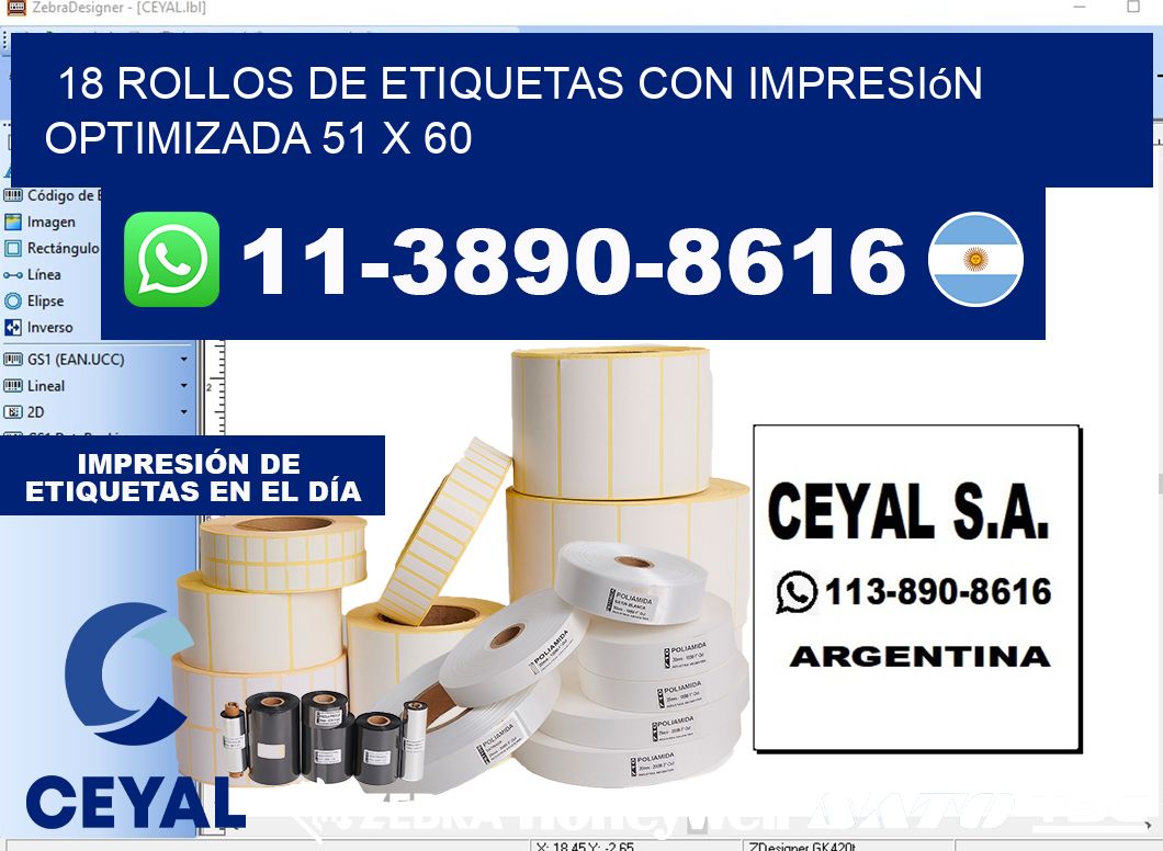 18 rollos de etiquetas con impresión optimizada 51 x 60
