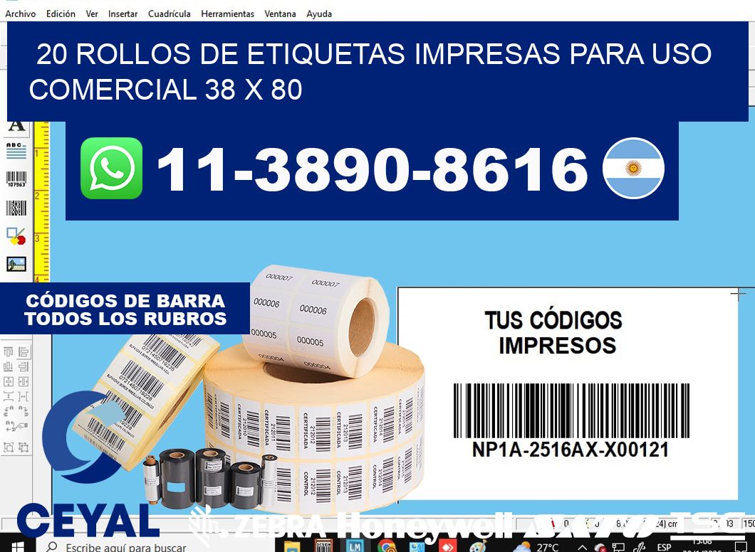 20 rollos de etiquetas impresas para uso comercial 38 x 80