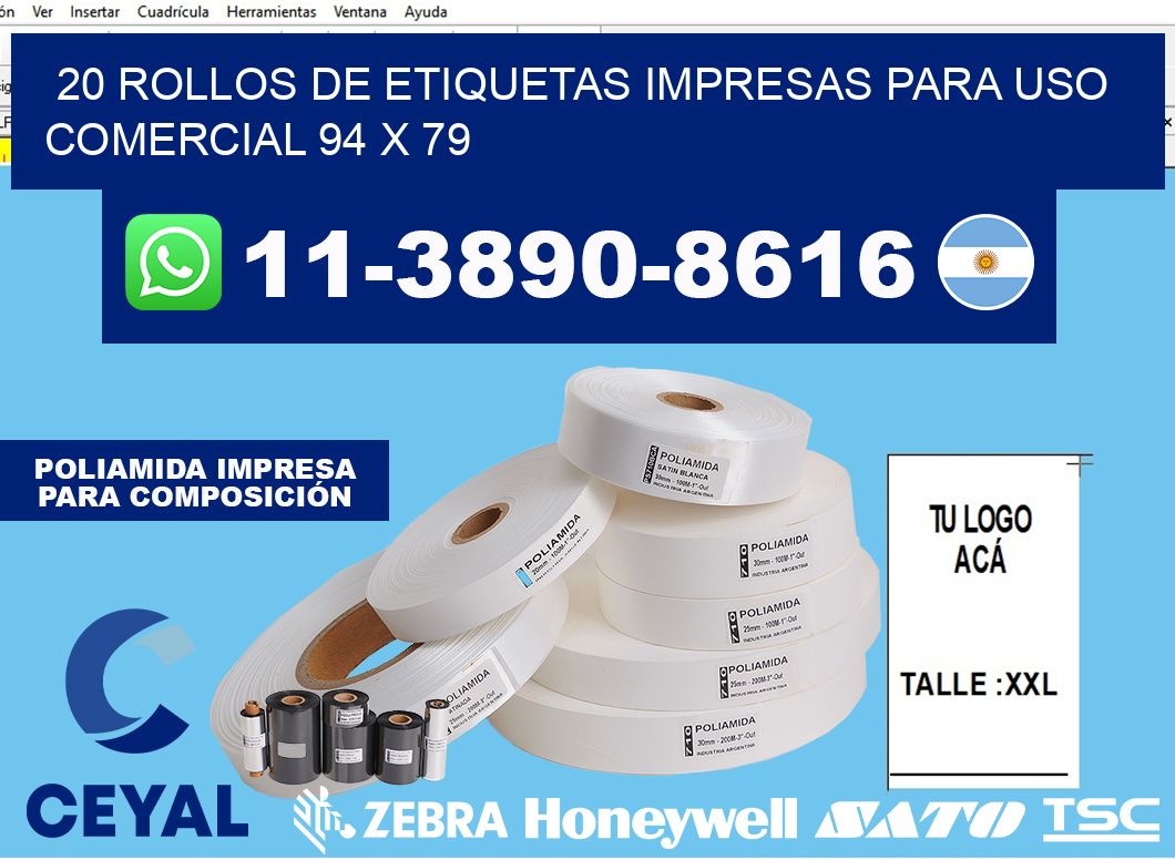 20 rollos de etiquetas impresas para uso comercial 94 x 79