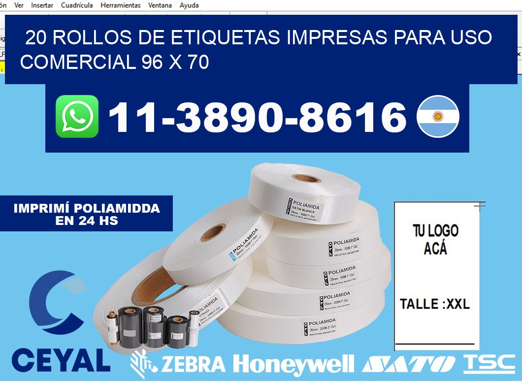 20 rollos de etiquetas impresas para uso comercial 96 x 70