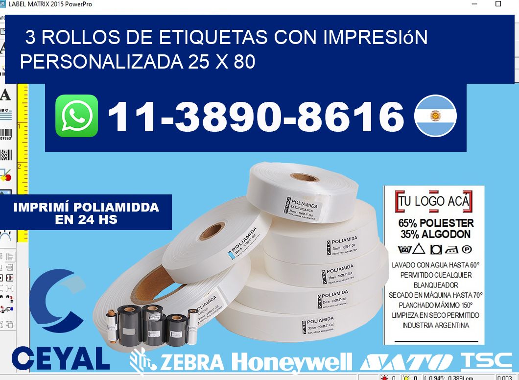 3 rollos de etiquetas con impresión personalizada 25 x 80