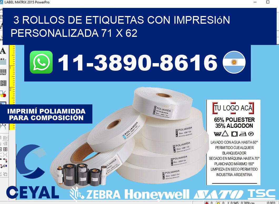 3 rollos de etiquetas con impresión personalizada 71 x 62