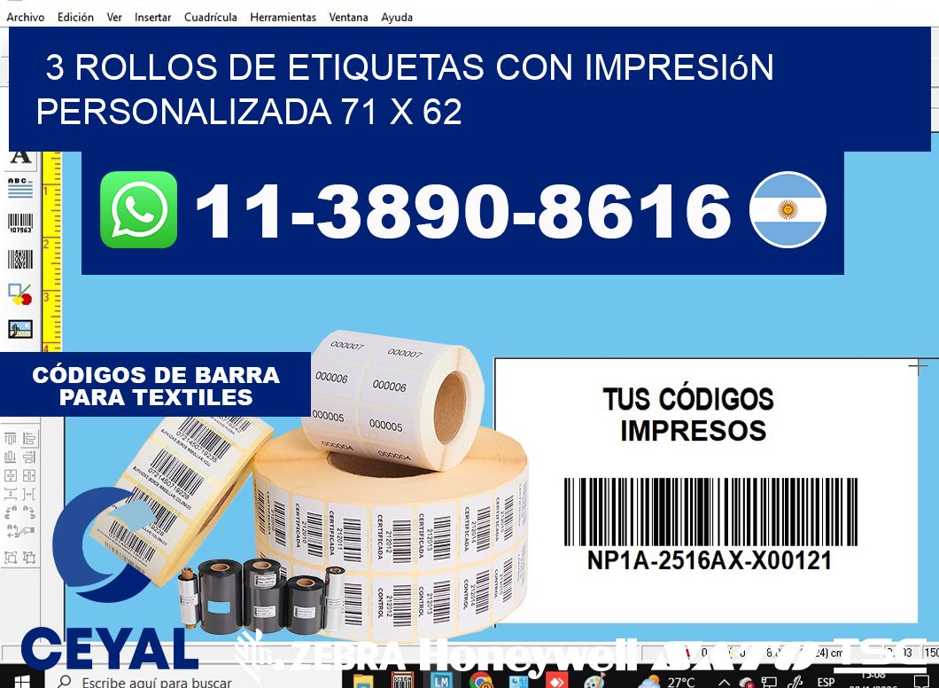 3 rollos de etiquetas con impresión personalizada 71 x 62