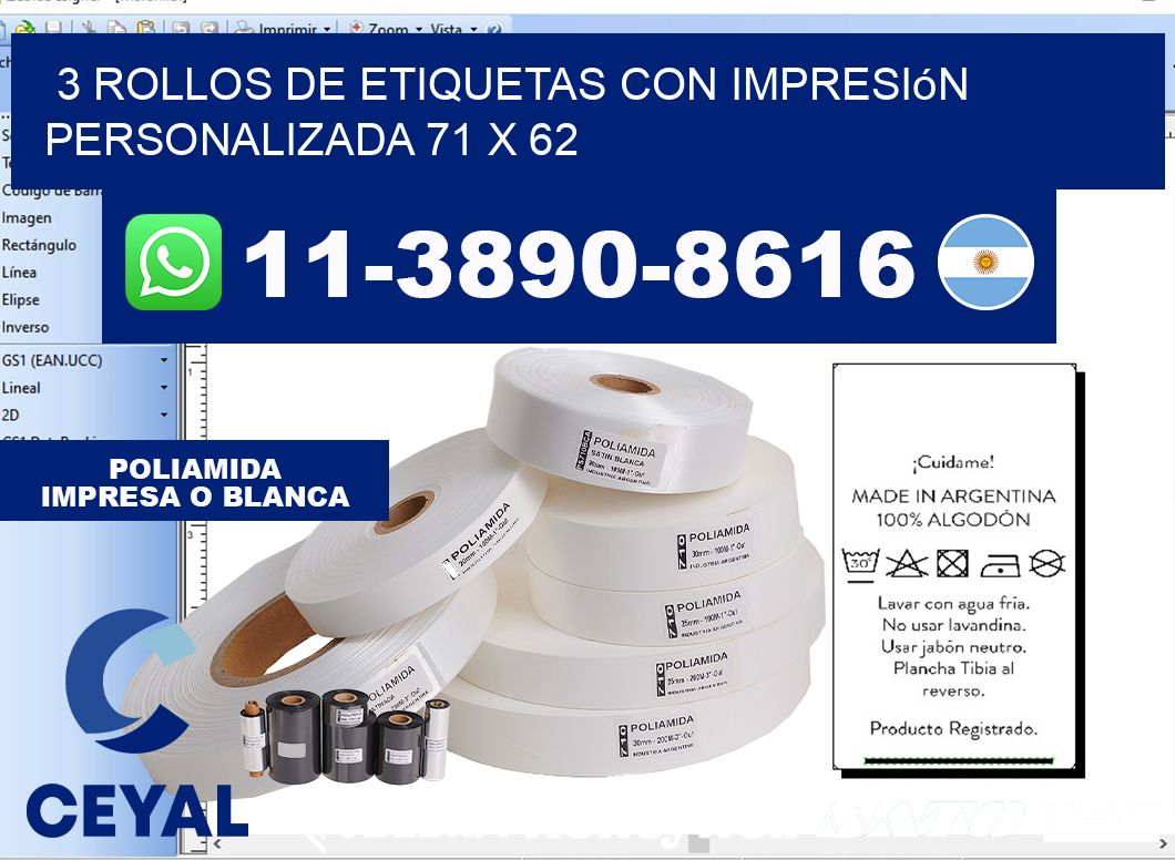 3 rollos de etiquetas con impresión personalizada 71 x 62