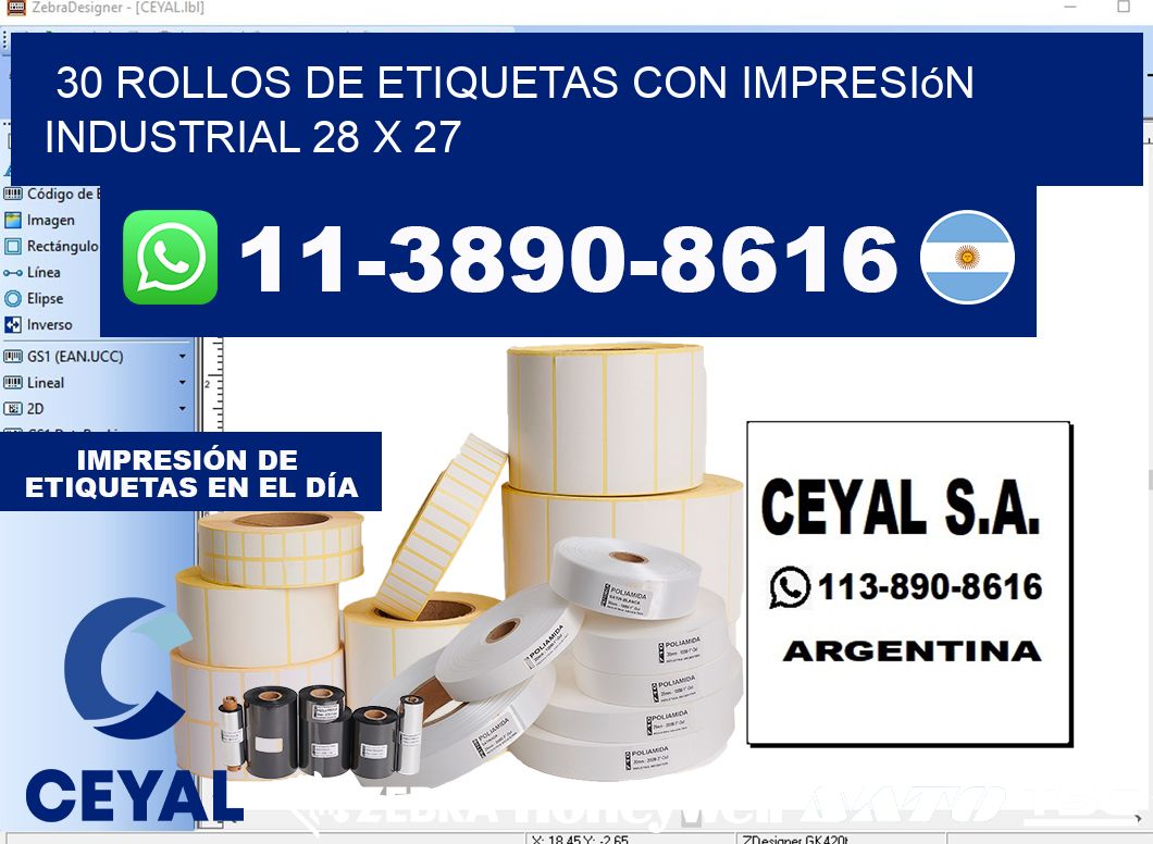 30 rollos de etiquetas con impresión industrial 28 x 27