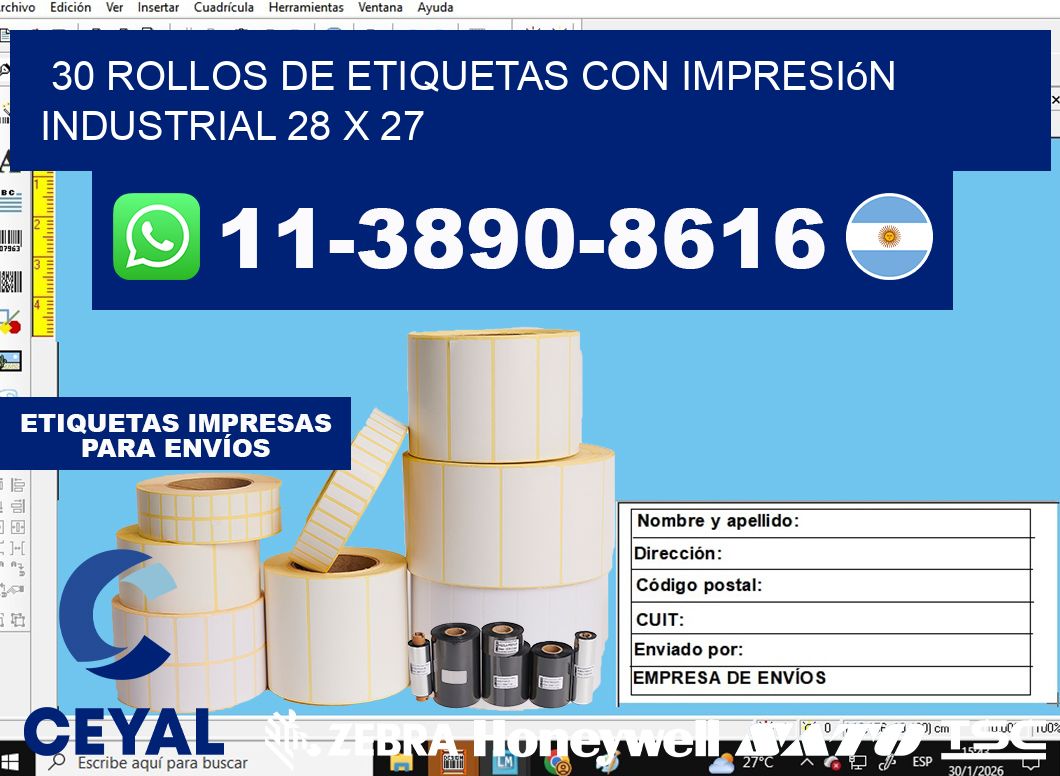 30 rollos de etiquetas con impresión industrial 28 x 27
