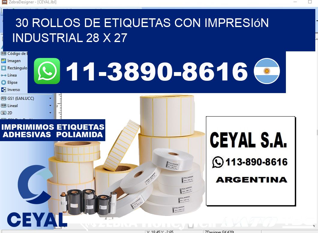 30 rollos de etiquetas con impresión industrial 28 x 27