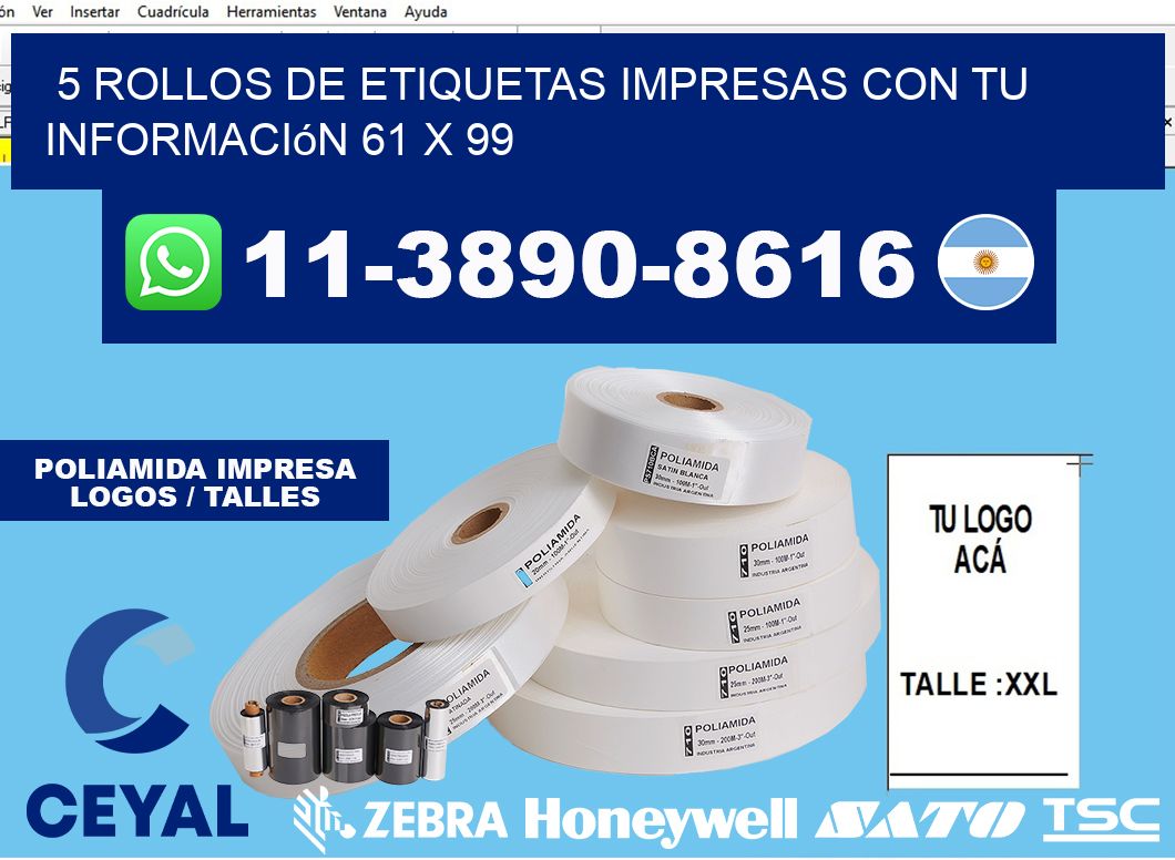 5 rollos de etiquetas impresas con tu información 61 x 99