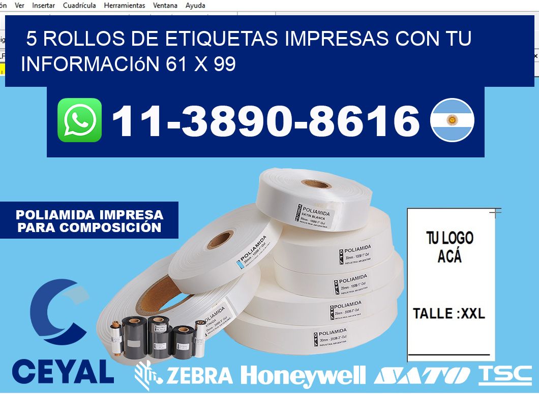 5 rollos de etiquetas impresas con tu información 61 x 99
