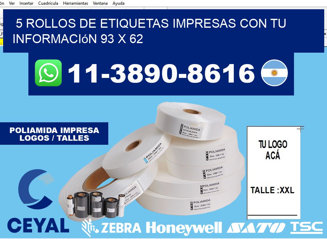 5 rollos de etiquetas impresas con tu información 93 x 62
