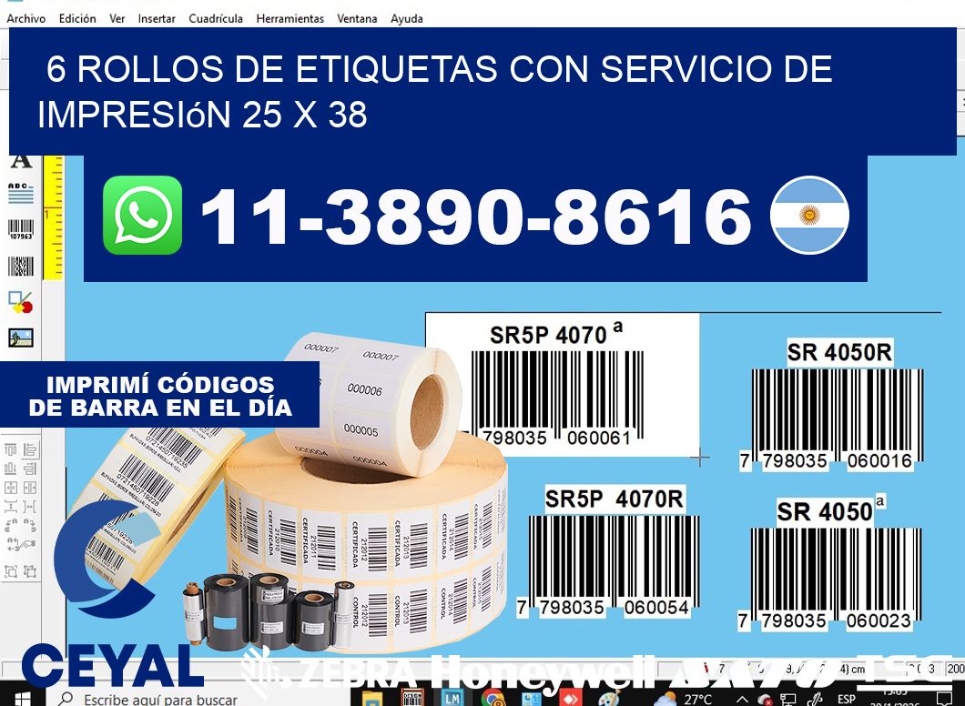 6 rollos de etiquetas con servicio de impresión 25 x 38