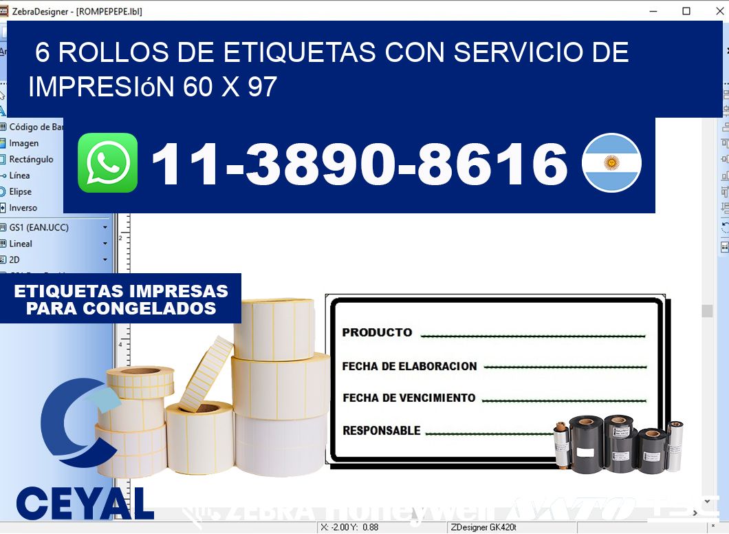 6 rollos de etiquetas con servicio de impresión 60 x 97