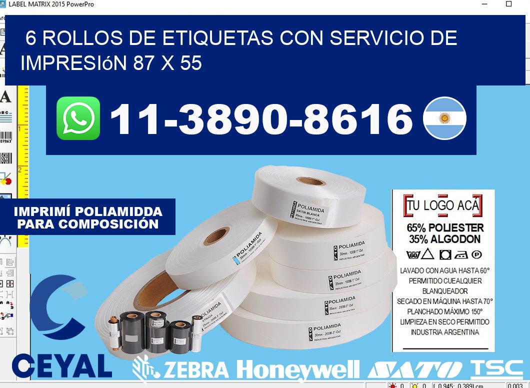 6 rollos de etiquetas con servicio de impresión 87 x 55