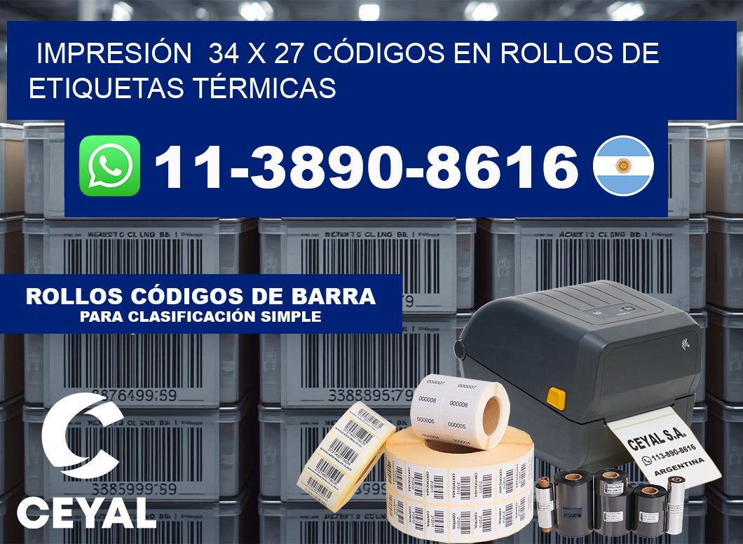 IMPRESIÓN  34 x 27 CÓDIGOS EN ROLLOS DE ETIQUETAS TÉRMICAS